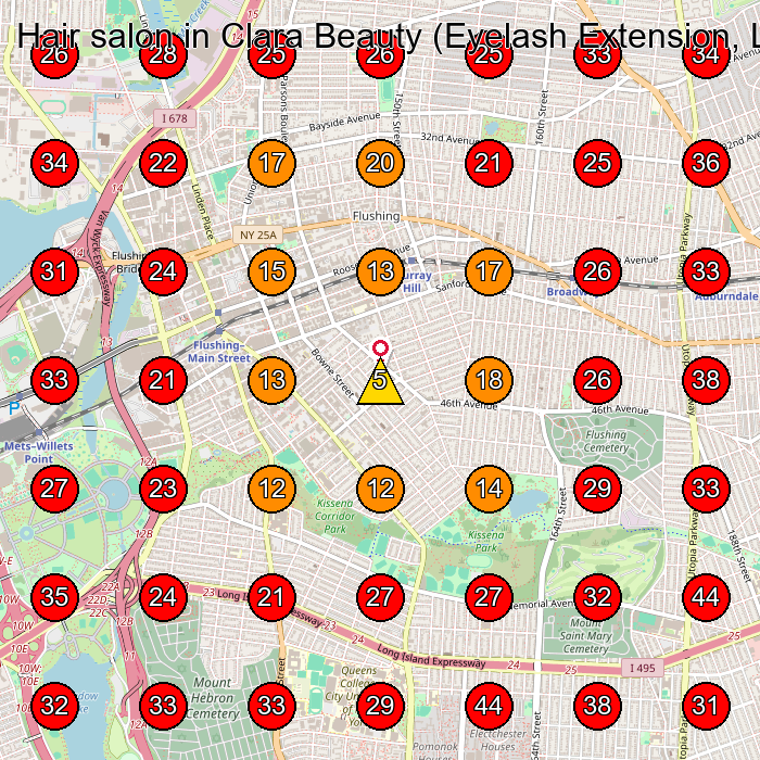 Hair salon in Clara Beauty (Eyelash Extension, Lash Lift,) GeoGrid visibility map for Sala³N De Pestaa±As in Forest Hills
